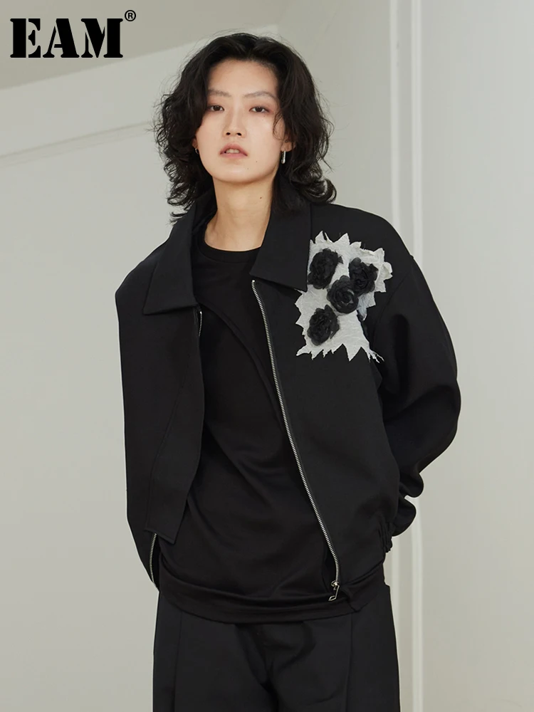 

[EAM] Loose Fit Black Three-dimensional Flower Black Jacket New Lapel Long Sleeve Women Coat Fashion Spring Autumn 2023 1DH0054