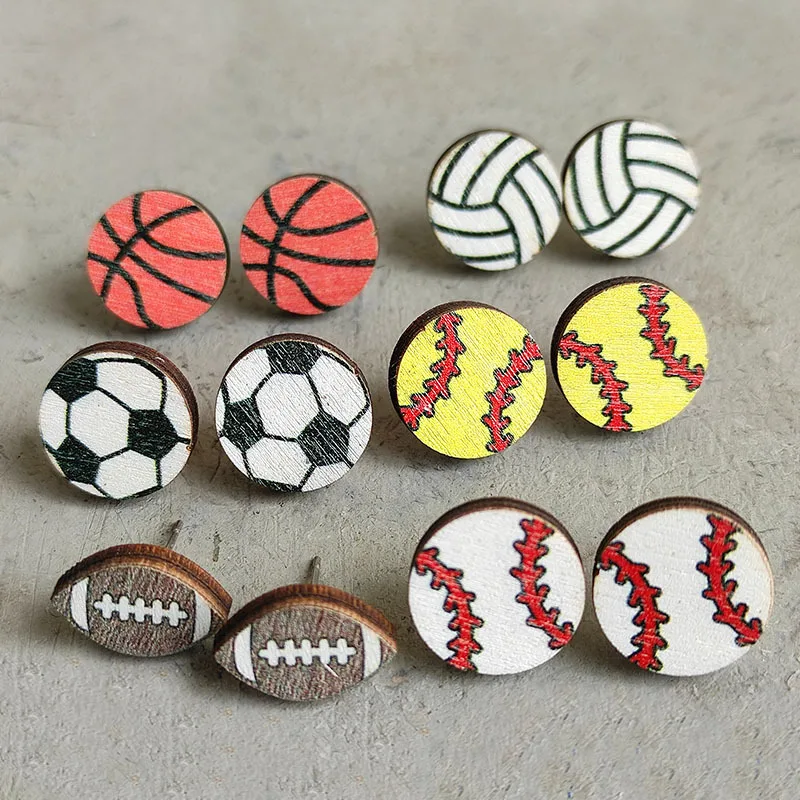 

New Baseball Rugby Football Volleyball Basketball Wooden Stud Earrings Fashion Cute Competition Sports Women Jewelry Accessories