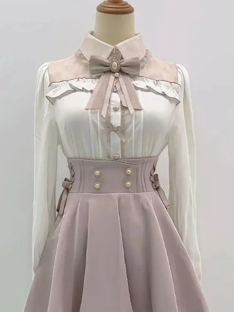Фото Японский комплект в стиле Sweet Chic Lolita из 2 предметов: женская блузка с кружевом и большим бантом + юбка А-силуэта в клетку с высокой талией, винтажный кавайный модный наряд №5