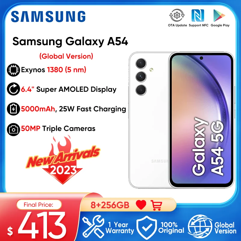 

Global Version Samsung Galaxy A54 5G Smartphone Exynos 1380 120Hz Super AMOLED 5000mAh 25W Fast Charge Android 13 Mobile Phone