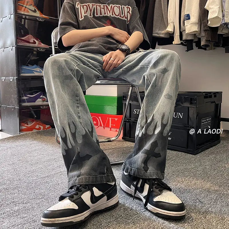 Niche High Street Hip Hop Flame Cross Splash Ink Jeans European and American Style Floor Pants Casual Drape Art Pants 3XL