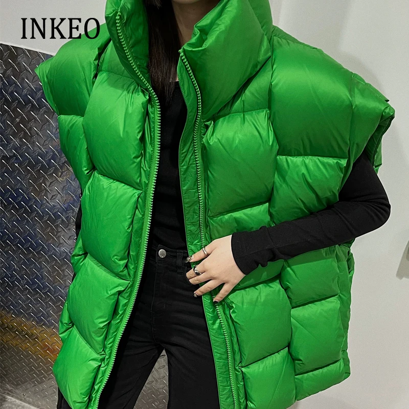 Luxury Women Knitted Sleeveless Vest Autumn Winter 2022 Fashion Green Stand collar Puffer jacket Loose Waistcoat INKEO 2O058