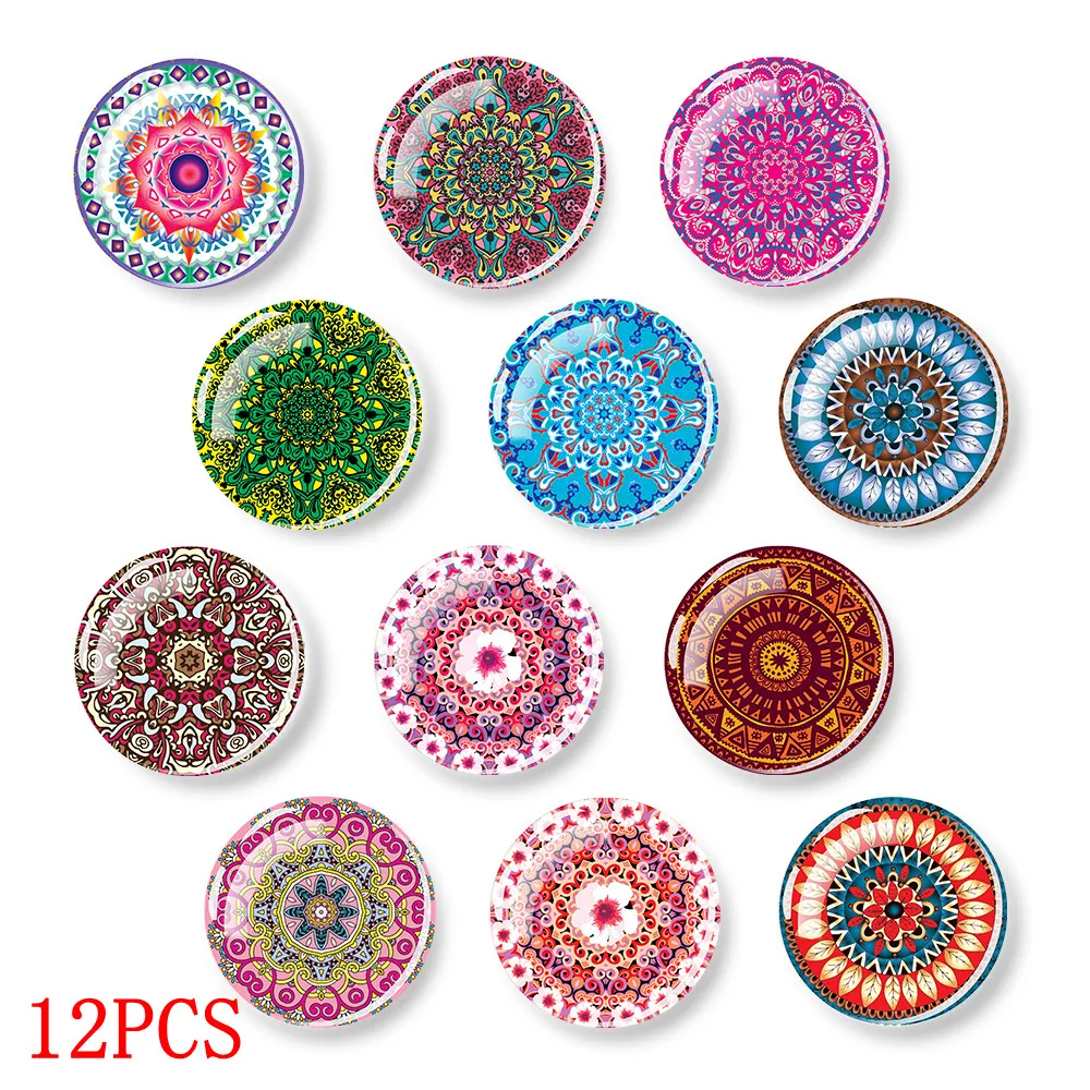 

12 Pcs Mandala Flower Glass Cabochons 16mm/20mm/25mm DIY Handmade Round Photo for Pendant Making Jewelry Accessories