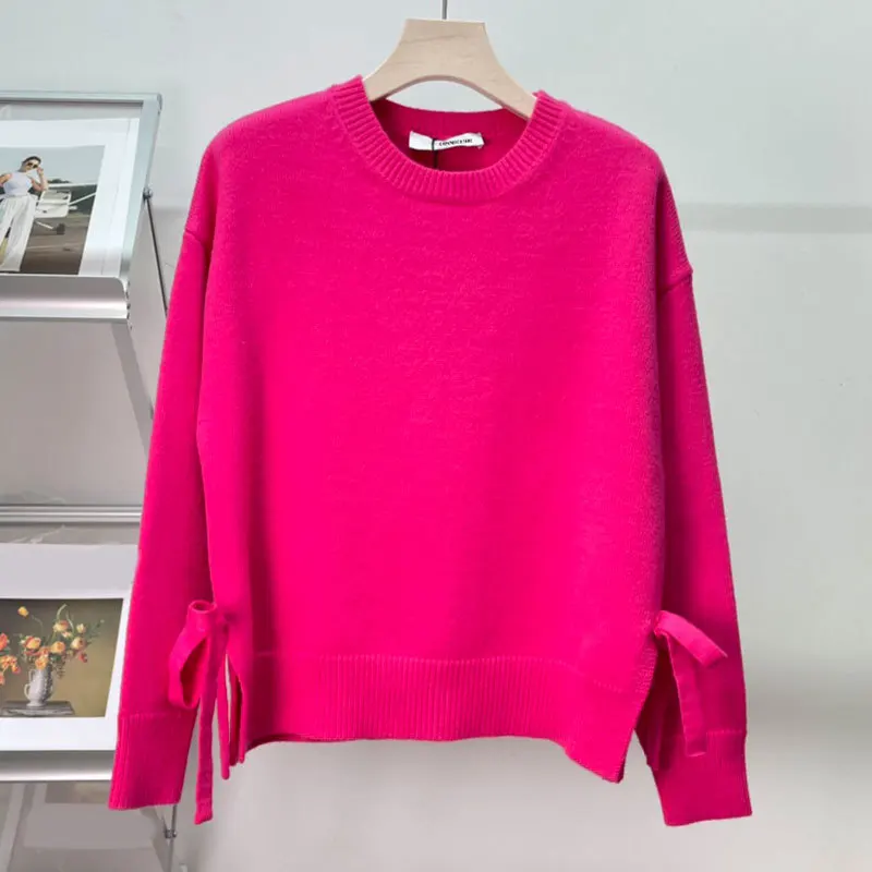 

2022New Autumn Winter Pink Knitted Pullovers Fashion Gentle Round Neck Long Sleeve Short Sweater Elegant Chic Women Bow Clothes