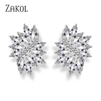 zakol delicate cubic zircon crystal stud earrings for women fashionable white color flower handmade wedding jewelry ep480