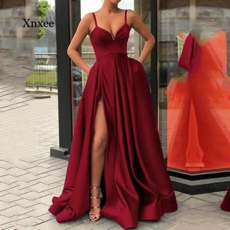

Women Split Prom Dresses Formal Party Long Vestidos Gala Simple Spaghetti Straps Robes Elegant Evening Gowns