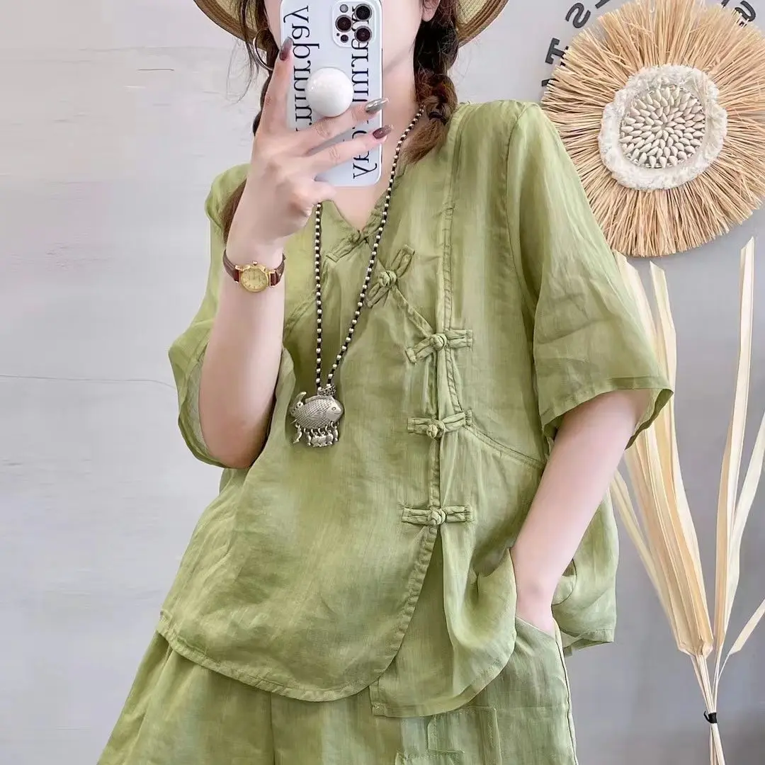

2023 Summer Chinese Leisure Green Women's Suit Cotton Linen Two-pieceHalf Sleeve Shirt Shorts Outfits Women Clothing A396