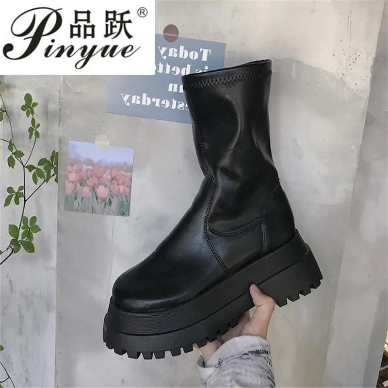 

Patent Leather Black Flat High Platform Women Fashion Non-slip Wear-resistant Sole Ankle Boots Ladies Stretch Motorcycle boots
