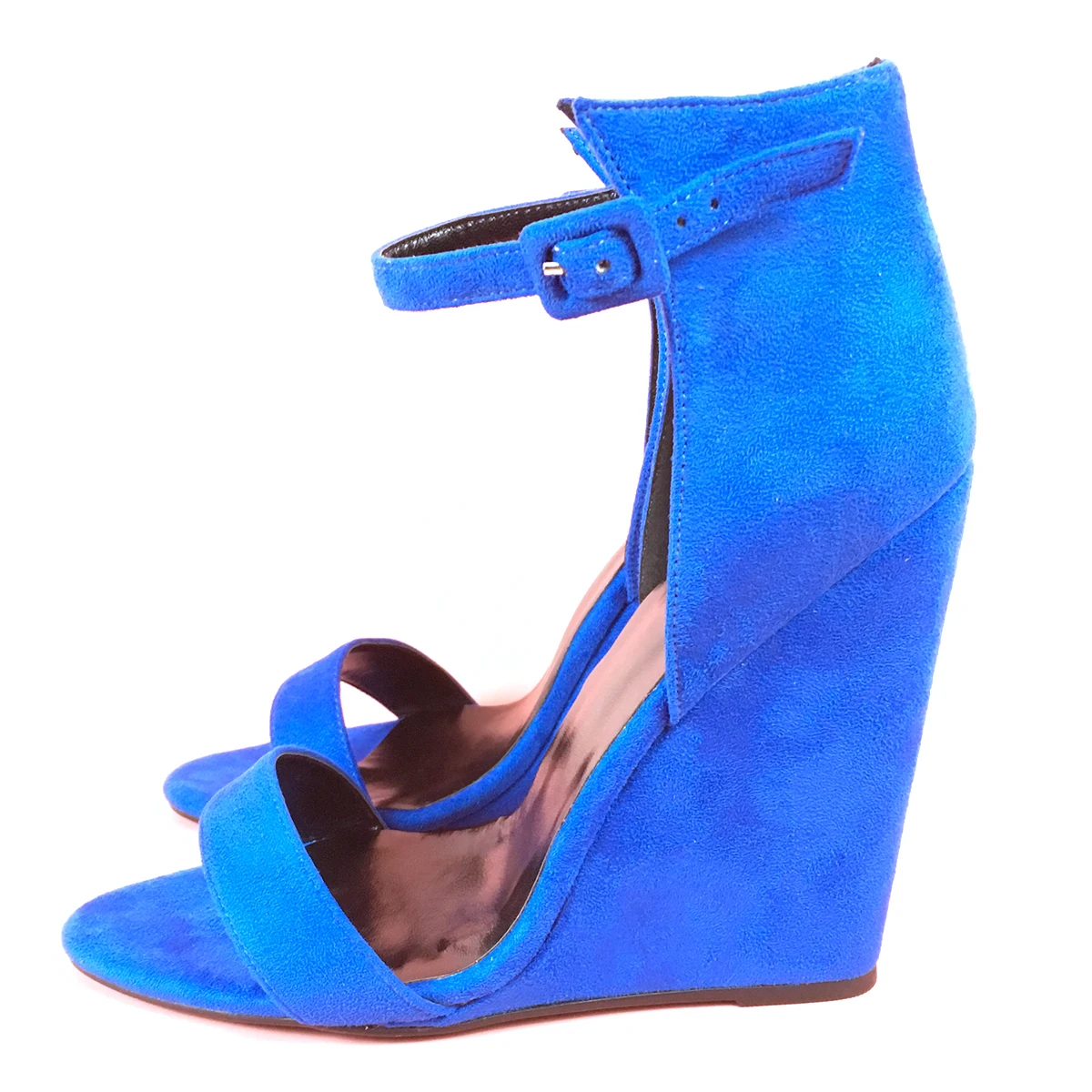 Фото Женские синие босоножки на танкетке с ремешком на щиколотке, с открытым носком, замшевые, летние, на высоком каблуке, для вечеринок и торжественных мероприятий №3