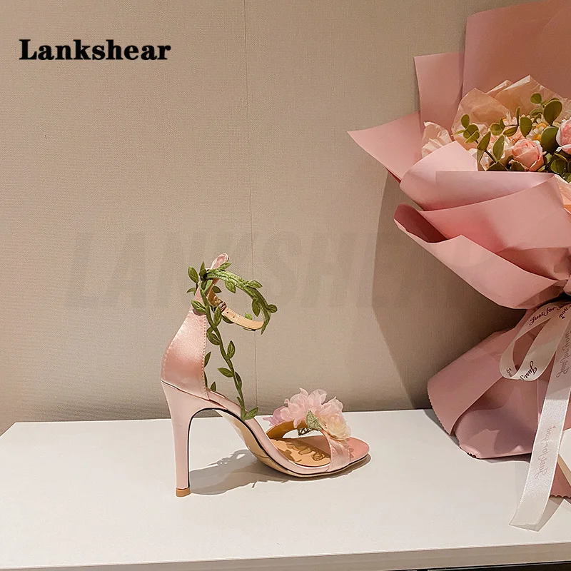 Women Pink Chiffon Flower High Heels Sandals One Word Rattan Strappy Sandals White Pink Ankle Strap Women's Wedding Shoes