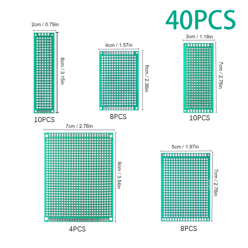 

40PCS Prototype PCB Board Kit 2*8CM 3*7CM 4*6CM 5*7CM 7*9CM Double-sided Circuit Boards