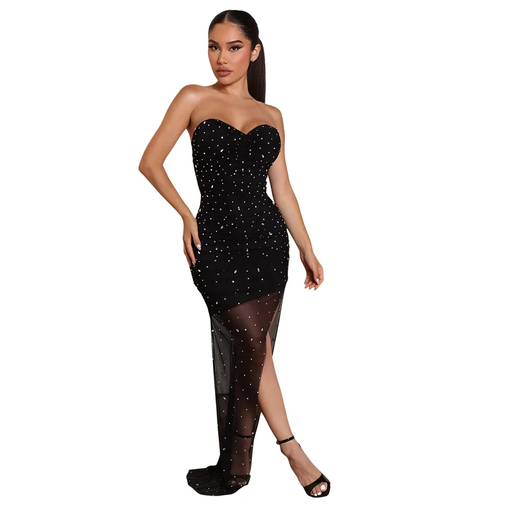 

Sexy Mesh Rhinestone Bodycon Prom Slit Corset Dresses Long Luxury Women See Through Night Club Outfits Party Diamond Maxi Dress