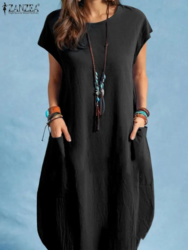 

Платье ZANZEA женское винтажное однотонное с коротким рукавом, повседневный свободный хлопковый пляжный Сарафан до колена, большие размеры, н...