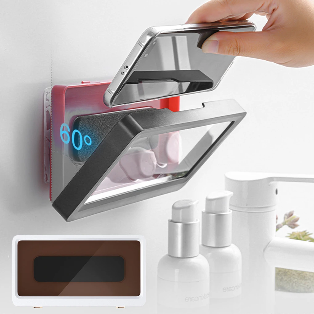 

Wall Mounted Waterproof Phone Case Bathroom Organizer Shelf For Kitchen Storage Box Anti Fog Touch Screen Bracket ABS Punch-Free