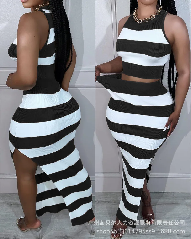 

Women Sleeveless Camis Tanks Tops High Waist Long Skirt Colorblock Striped Round Neck Top & High Slit Skirt Set