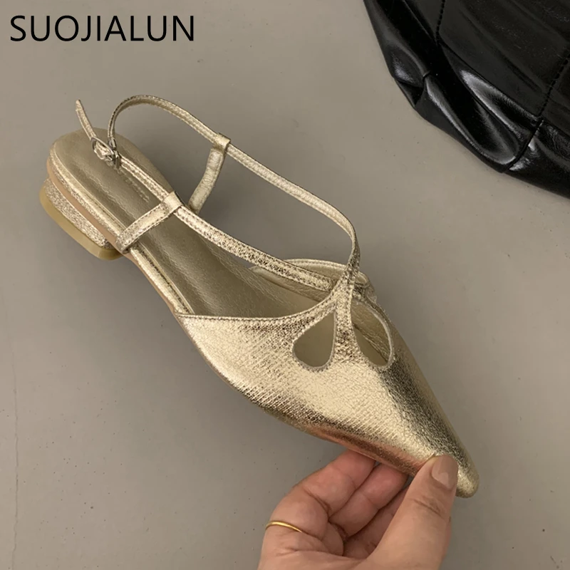 SUOJIALUN 2023 Summer New Women Sandal Fashion Gold Narrow Band Ladies Dress Slides Flat Heel Outdoor Dress Sandal Slipper Shoes
