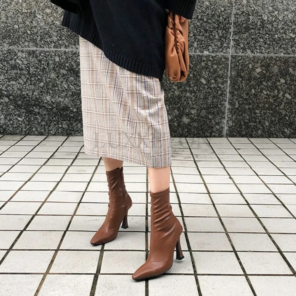 

New Autumn Winter Elastic Boot Stiletto Heel High Heel Boot Side Zipper Square Toe Sexy Female Boot Pointed Toe Ladies Shoes