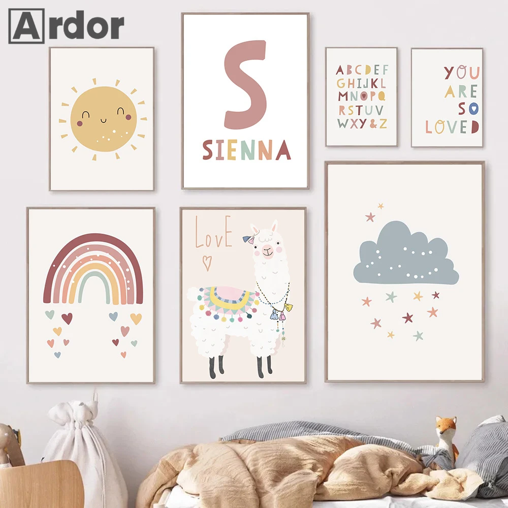 

Sun Rainbow Canvas Poster Custom Name Wall Art Painting Alpaca Print Alphabet Posters Nursery Wall Pictures Kids Room Decoration