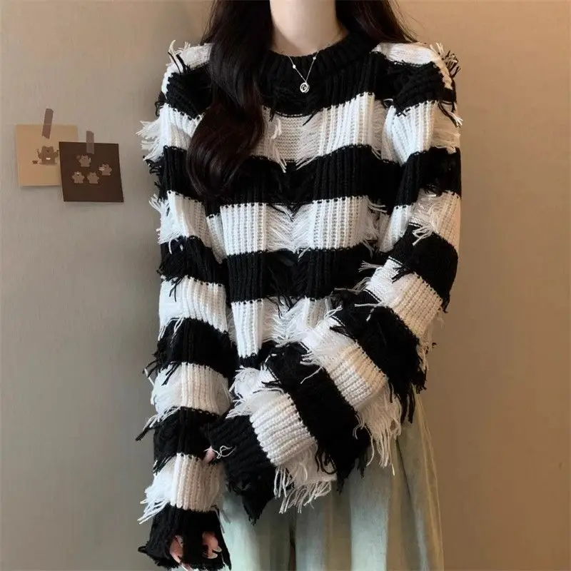 Полосатые пуловеры MiiiiX в корейском повседневном стиле Женский Осенний свободный