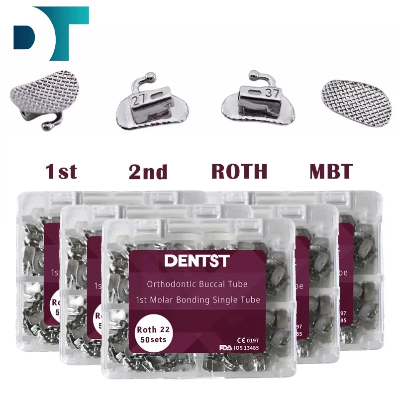 

50Sets/200pcs Orthodontics Dental 1st 2nd Molar Bondable Buccal Tubes Non-Convertible Mesh Base Single Tube Roth MBT 0.022