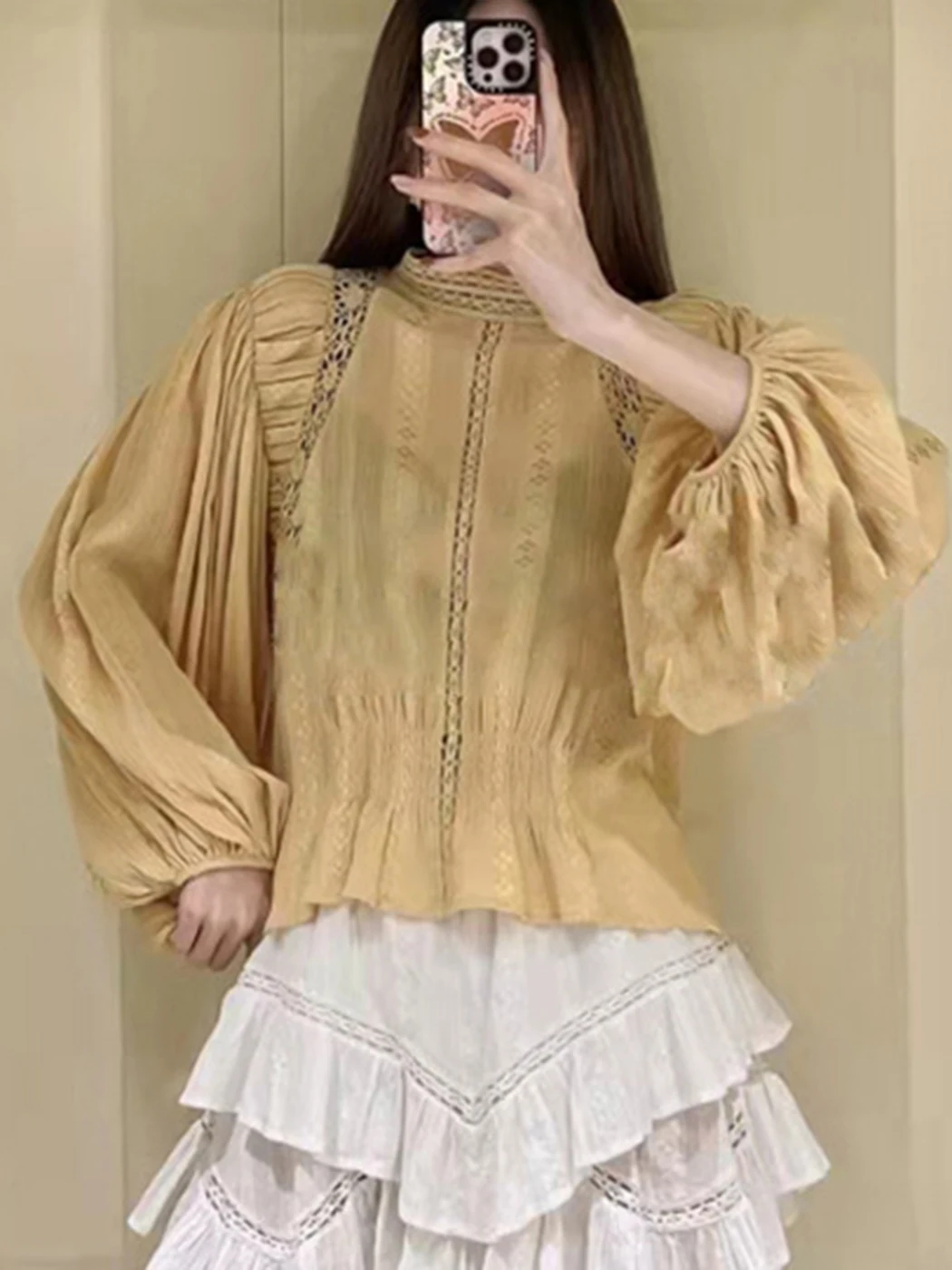 

2022 Spring New Lace-trimmed Embroidered Blouses Lantern Sleeves Stand Collar Solid Pullover French Casual Elegant Shirts Summer