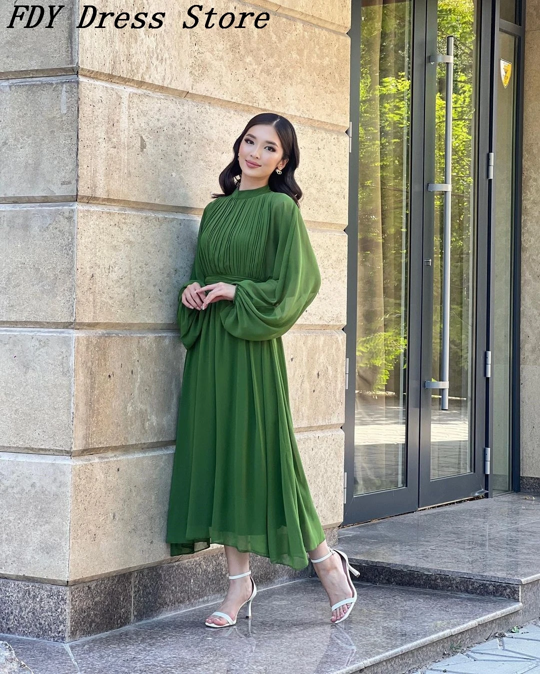 

2023 New Long Sleeves Prom Dresses O-Neck Tea Length Pleated Formal Occasion Dress Evening Dress