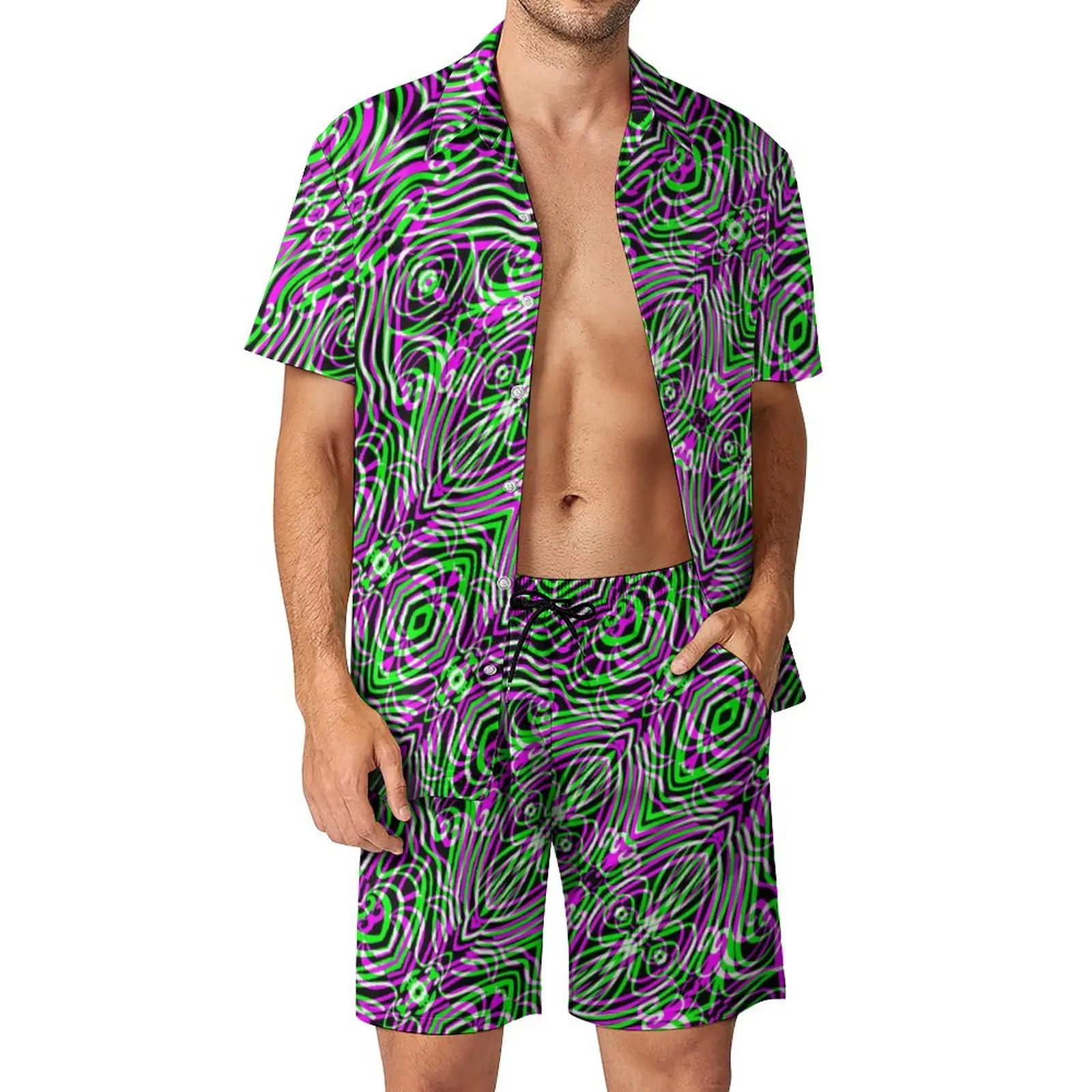 

Geometry Men Sets Fluid Lines Print Casual Shirt Set Vintage Vacation Shorts Summer Graphic Suit Two-piece Clothing Plus Size