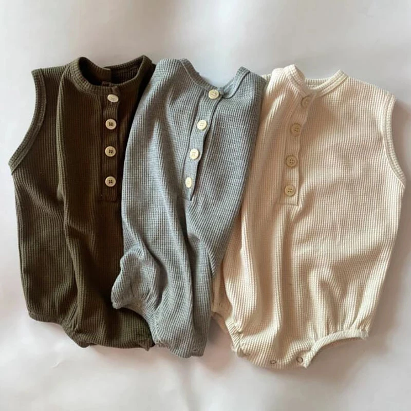 

2022 Summer Newborn Clothes Infant Girl Solid Waffle Sleeveless Bodysuit Toddler Boy One Piece