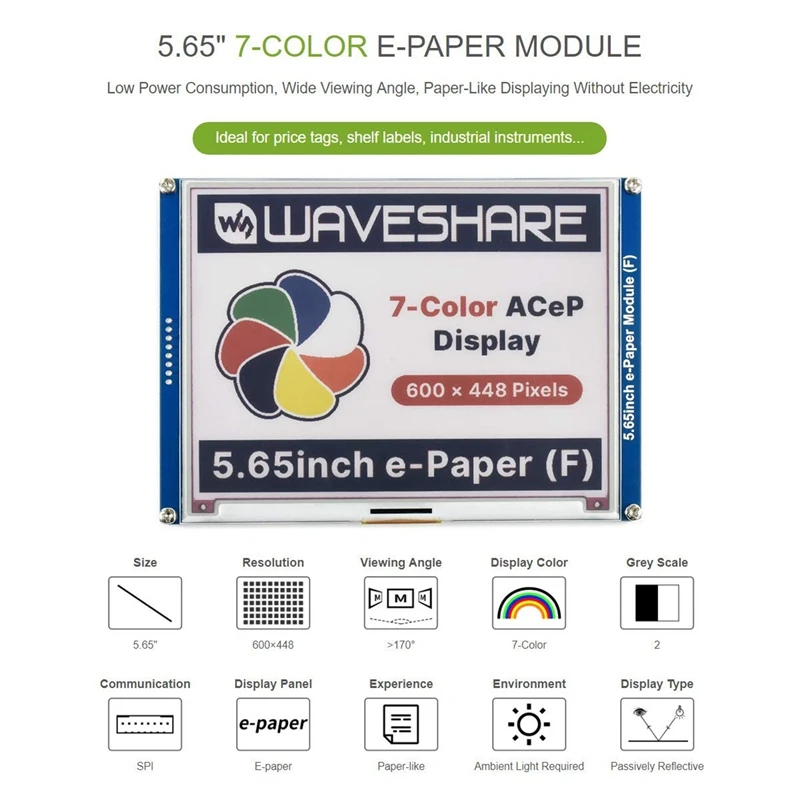 Najtaniej Waveshare 5.65 Cal Kolorowe E-papier E-wyświetlacz Atramentowy Moduł, 600X448 Pikseli, Acep 7-kolor, Niskie Zużycie Energii, Z Szerokim Kątem Widzenia Kąt