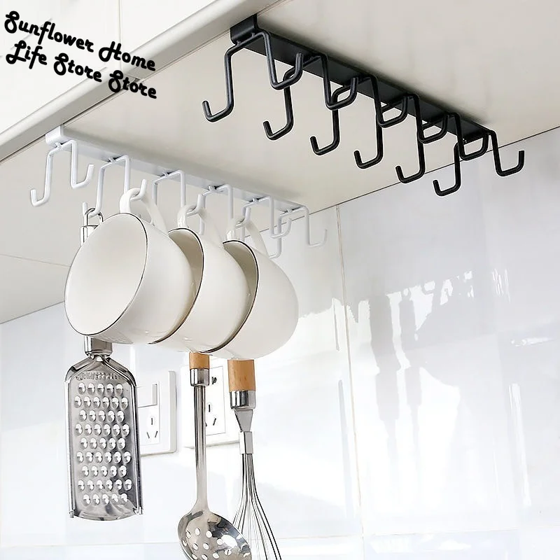 

Iron 6 Hooks Storage Shelf Wardrobe Cabinet Metal Under Shelves Mug Cup Hanger Bathroom Kitchen Organizer Hanging Rack Holder