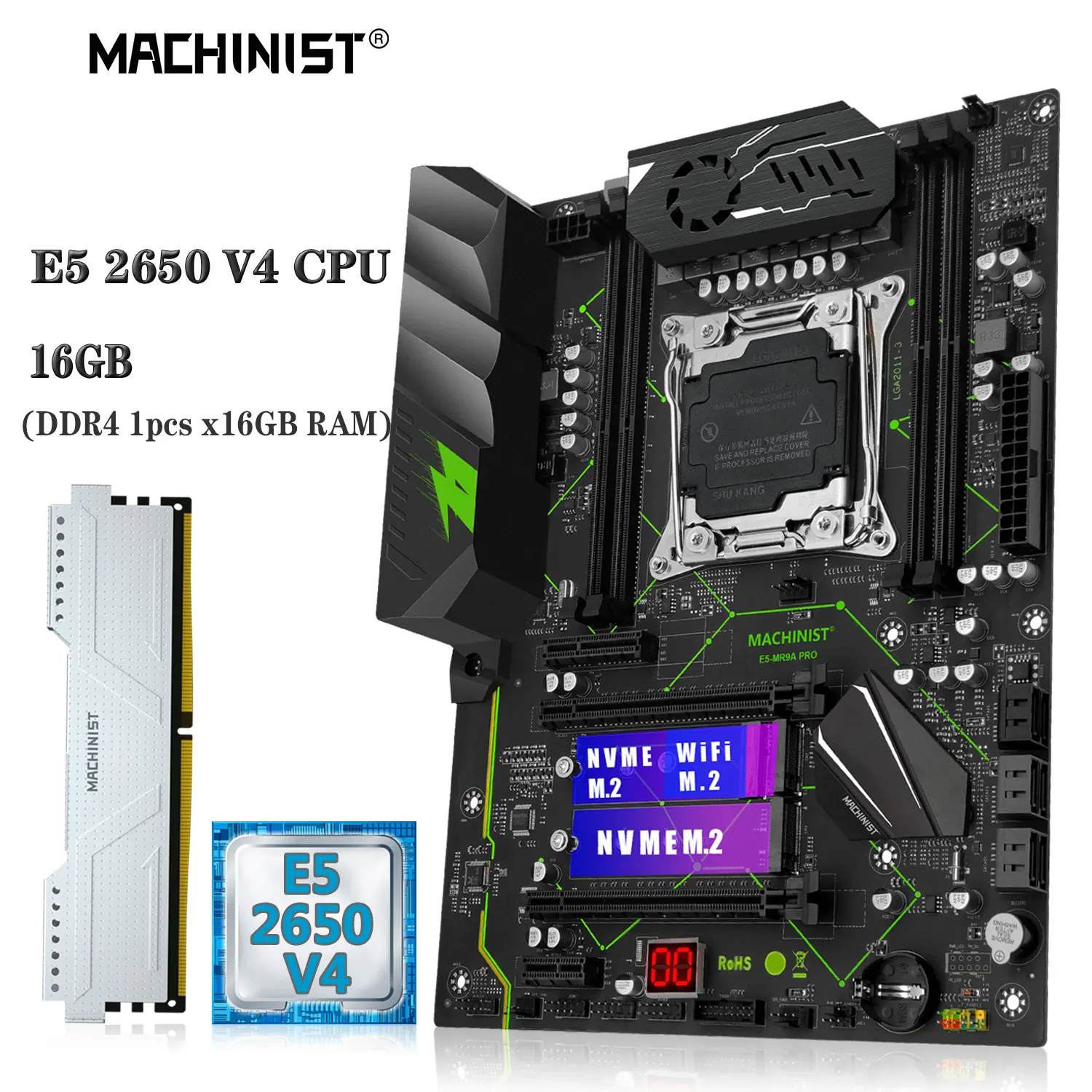 

Machinist MR9A PRO Материнская плата Combo LGA 2011-3 комплект Xeon E5 2650 V4 процессор DDR4 ОЗУ 1 шт. * 16 Гб памяти NVME WIFI M.2 четыре канала