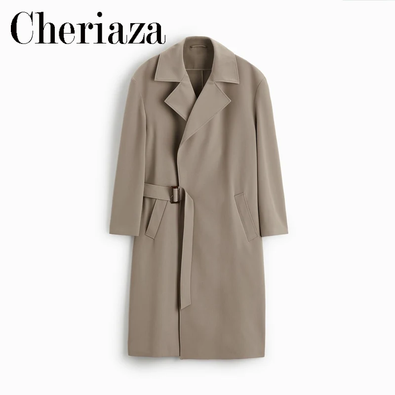 

Осенний мужской бежевый тренчкот Cheriaza средней длины, Повседневная Асимметричная ветровка с длинными рукавами и поясом, мужская верхняя оде...