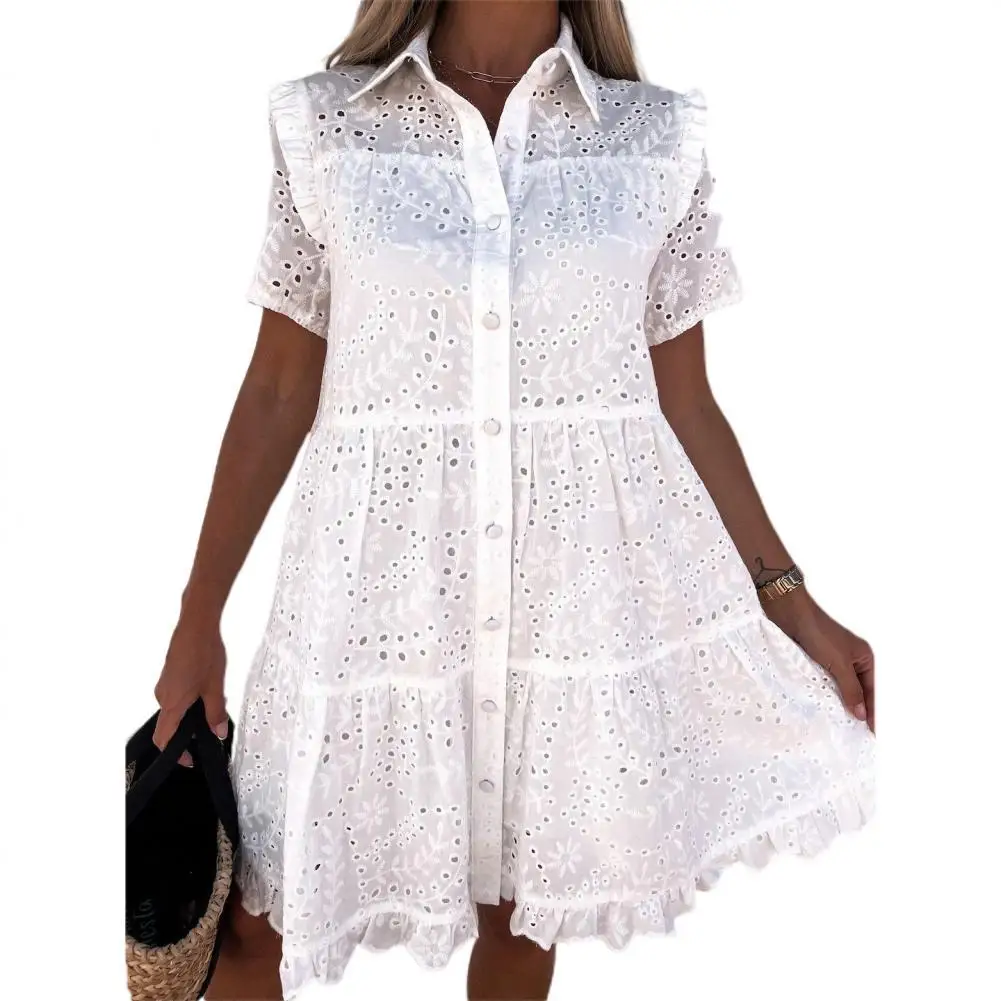 

Женское ажурное платье-рубашка, Элегантное однобортное свободное пляжное платье выше колена с высокой талией и оборками, повседневная одеж...