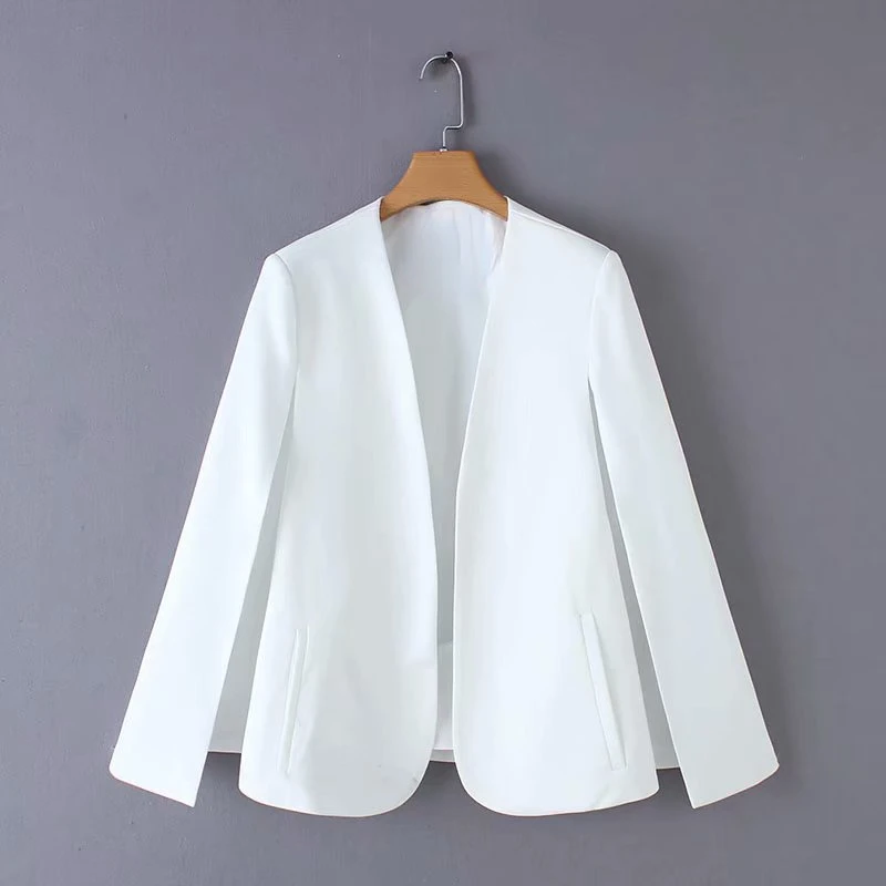 

2022NEW Women elegant black white color v neck split casual cloak coat office lady wear outwear suit jacket open stitch tops CT2