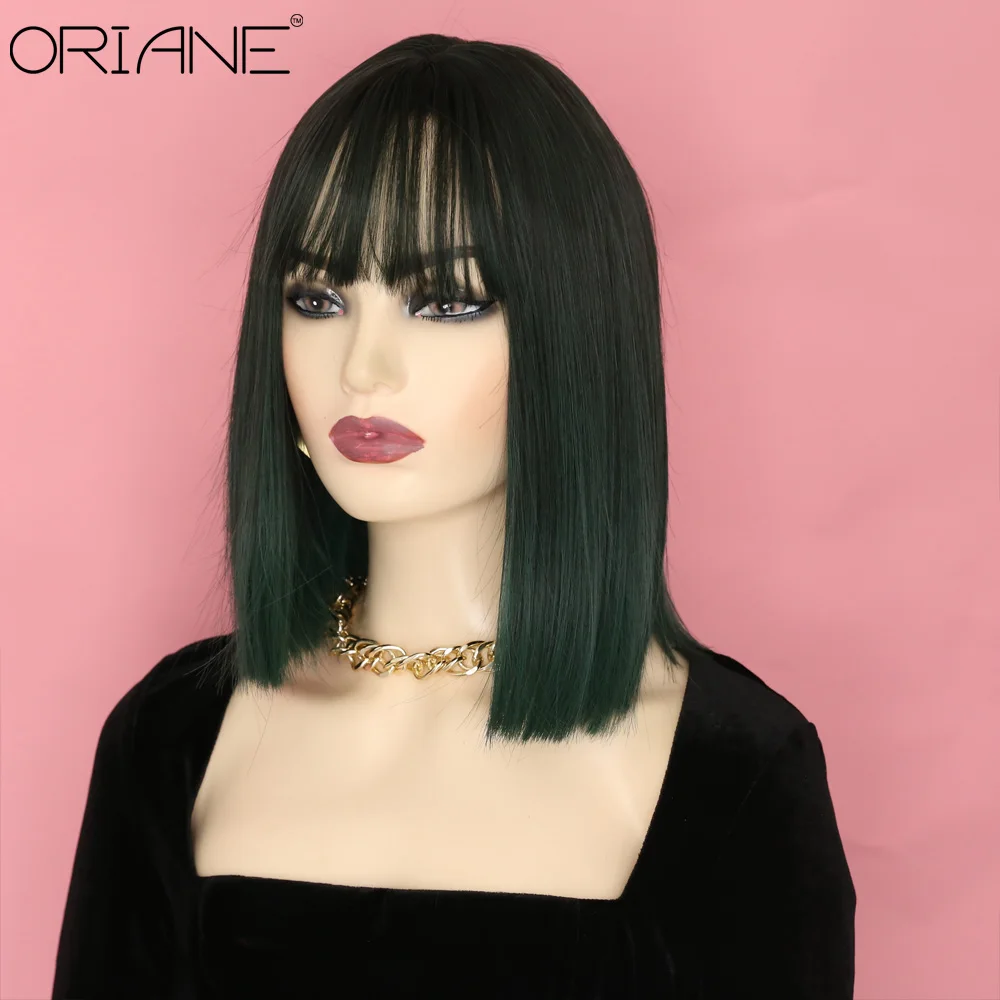

ORIANE Bob Straight Synthetic Wigs With Bangs Grey Green Natural Soft Daily Wear High Temperature Wigs Lolita Cosplay Wigs