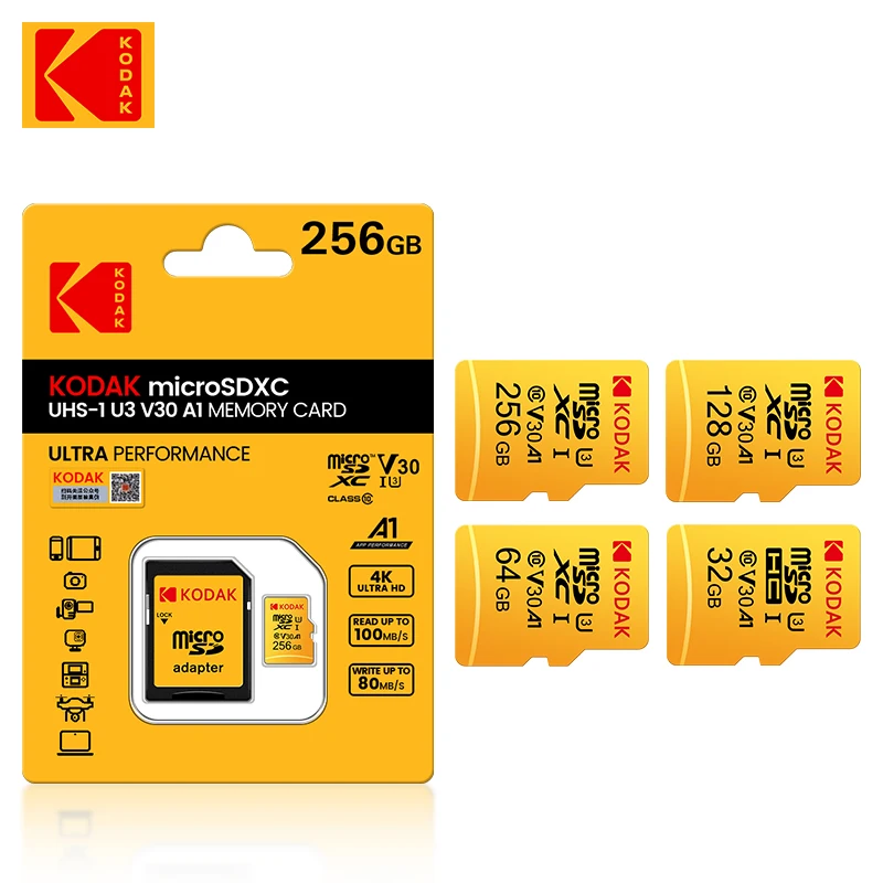 

KODAK 256GB Memory Card 128GB 4K V30 U3 Mini SD Card 64GB 32GB SDHC Micro TF UHS-I Class 10 High Speed TF Flash Memory Card