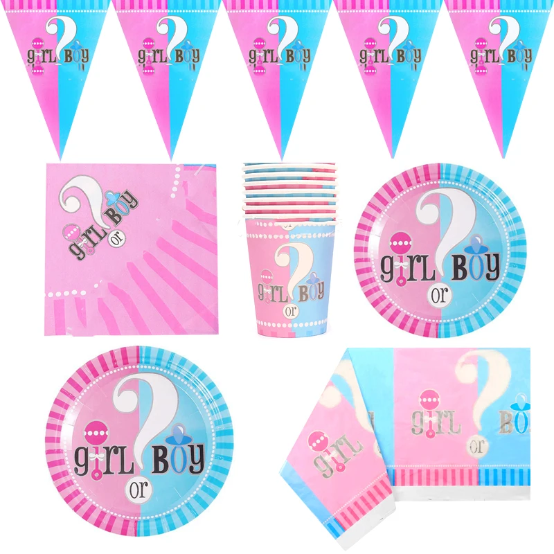 

51pcs/lot Gender Reveal Theme Happy Birthday Party Napkins Plates Cups Decorate Flags Girls Boys Favors Baby Shower Tablecloth
