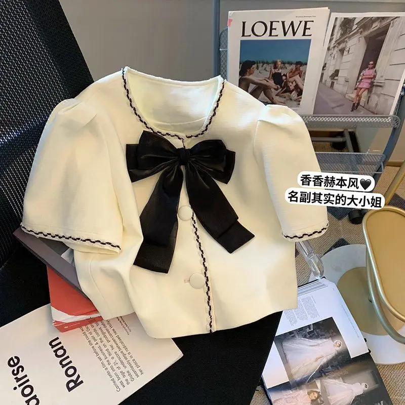 

Chic Women 3D Bowtie Puff Sleeve Short OL Shirts Summer Chic Short Blouse Coat Crop Tops Button Up Blusones Blusas Mujer 2022