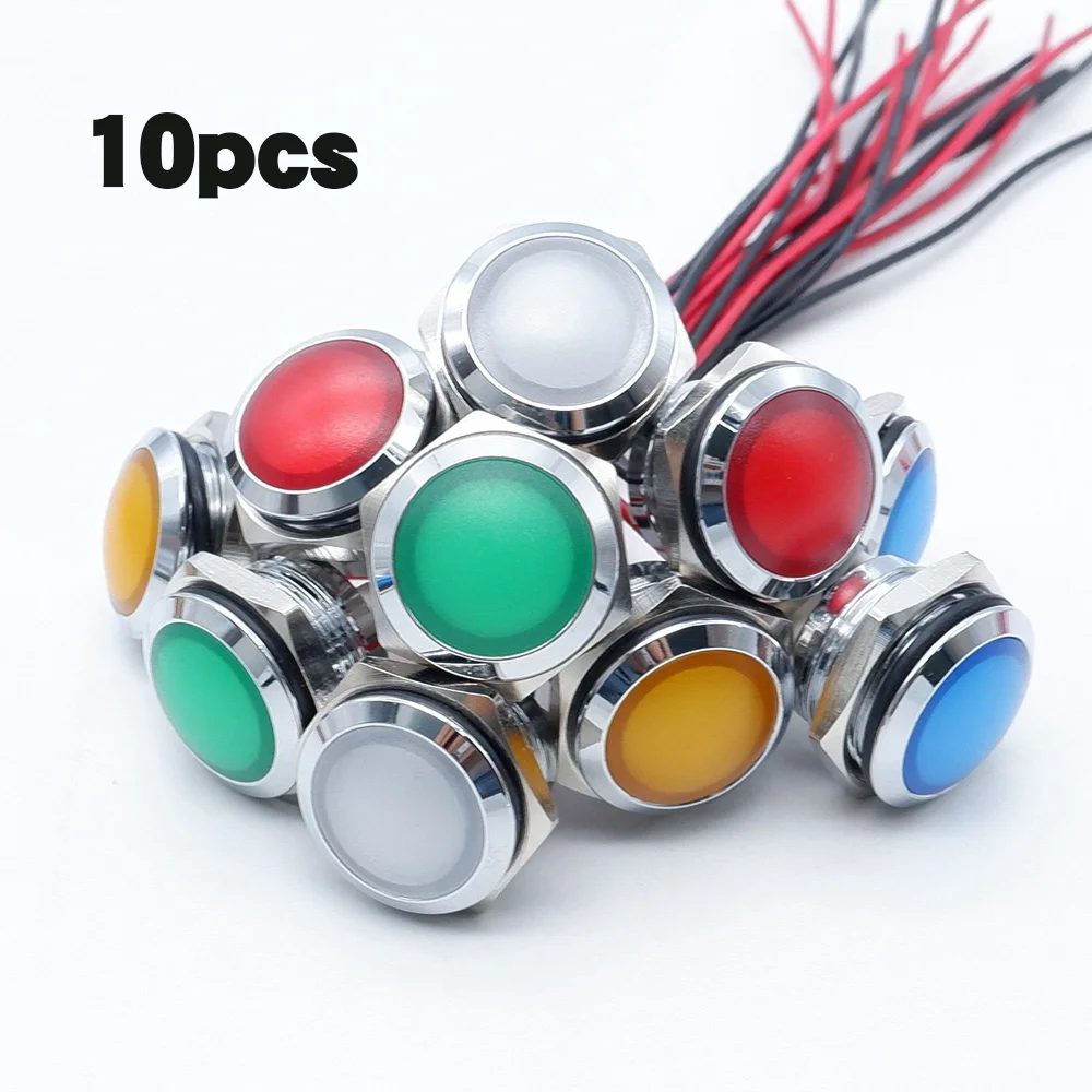 Металлический светодиодный индикатор, 10 шт., 12/16/19/22 мм, цвет: красный, оранжевый, синий, зеленый, белый, крепление панели 5 В, 12 В, 24 В, водонепроницаемая круглая сигнальная лампа