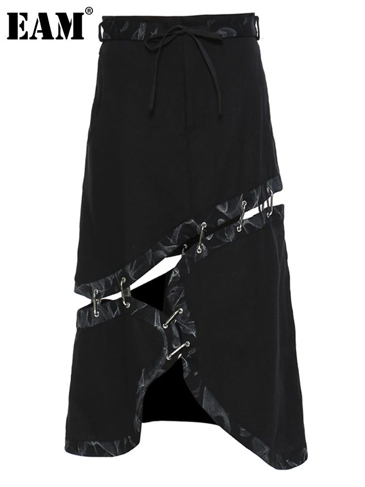 

[EAM] High Waist Black Pattern Printed Hollow Out Irregular Denim Half-body Skirt Women Fashion New Spring Summer 2022 1DE1168
