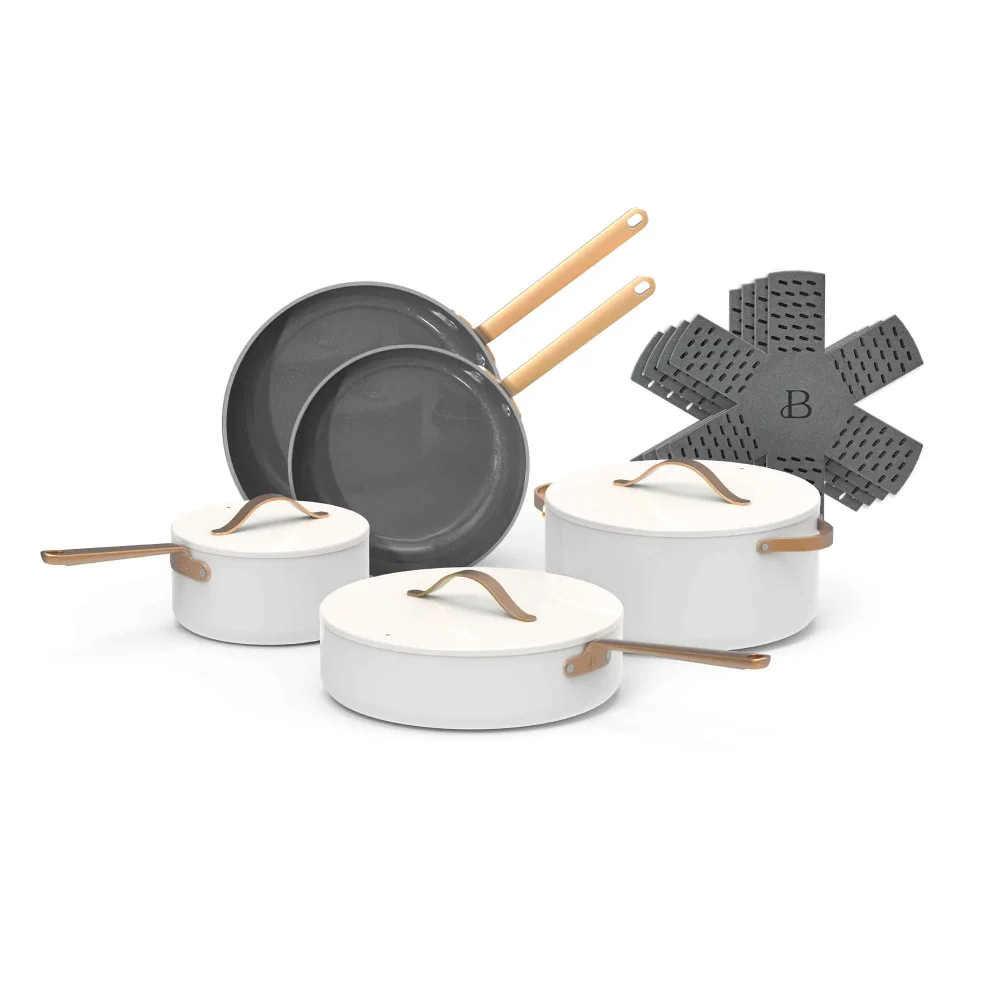 

Beautiful 12pc Ceramic Non-Stick Cookware Set, White Icing, By Drew Barrymore Kitchen Accessories