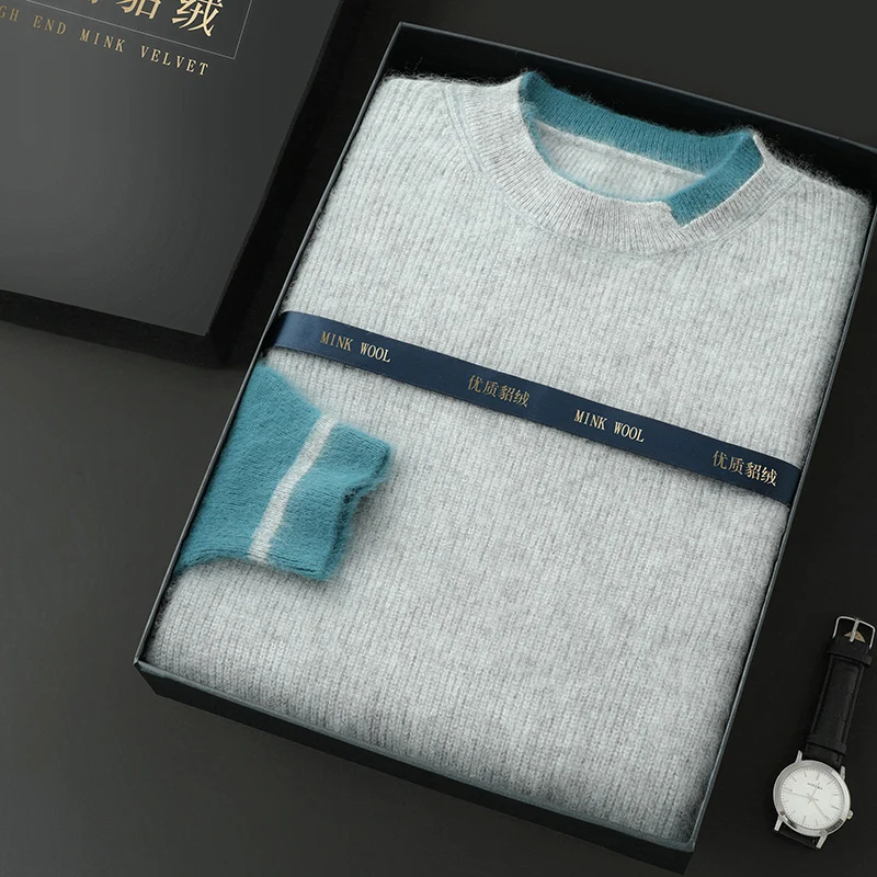 Новый пуловер свитер из 100% норки кашемира мужской вязаный с круглым вырезом