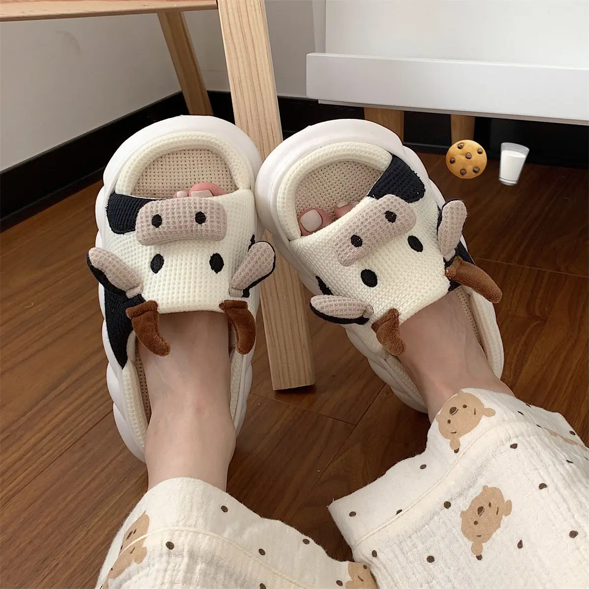 Cute Cow Slipers for Women Flat Home Indoor Linen Shoes Non-Slip Thick Bottom Outdoor Cloud Slippers Slides Sandals Women