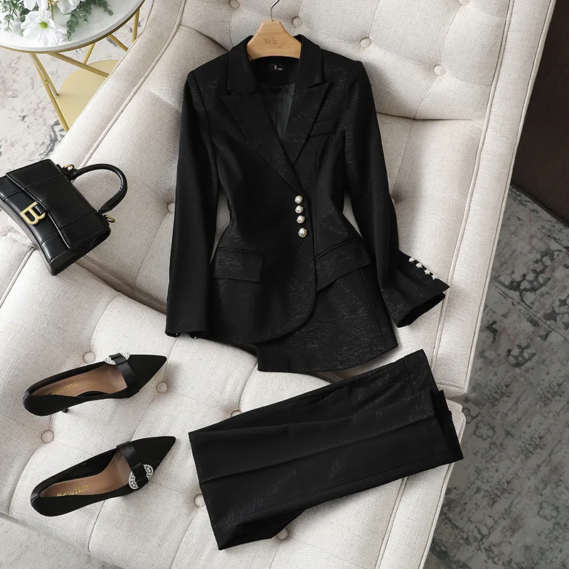 Women's Suit 2023 Green Black Blue Female Blazer Jacket +Trouser 2 Piece Sets Office Lady Business Work Wear Formal Pant Sets