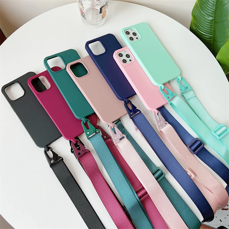 Luxury Crossbody Lanyard Strap Phone Case For iPhone 14 12 13 Mini 11 Pro Max Plus Candy Color Silicone Soft TPU Back Cover
