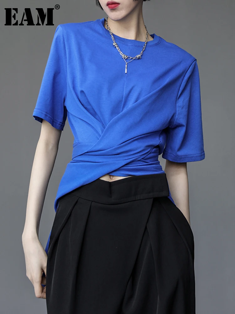 

[EAM] Women Blue Knot Irregular Bandage Big Size T-shirt New Round Neck Short Sleeve Fashion Tide Spring Summer 2022 1DE19680