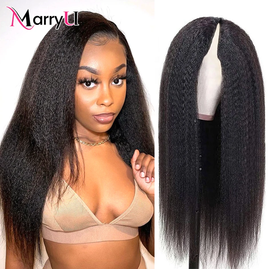 Курчавые прямые парики из человеческих волос с V-образным вырезом без кружева для