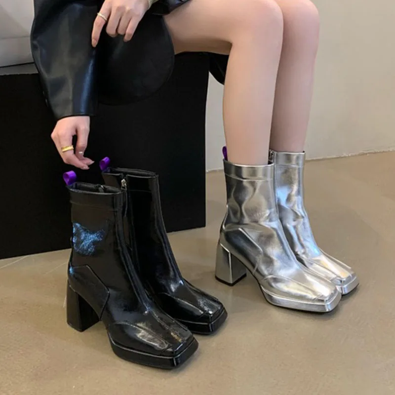 

Женские ботильоны на низкой платформе, серебристые Элегантные короткие ботинки на высоком устойчивом каблуке, черные туфли-лодочки, новинка для зимы
