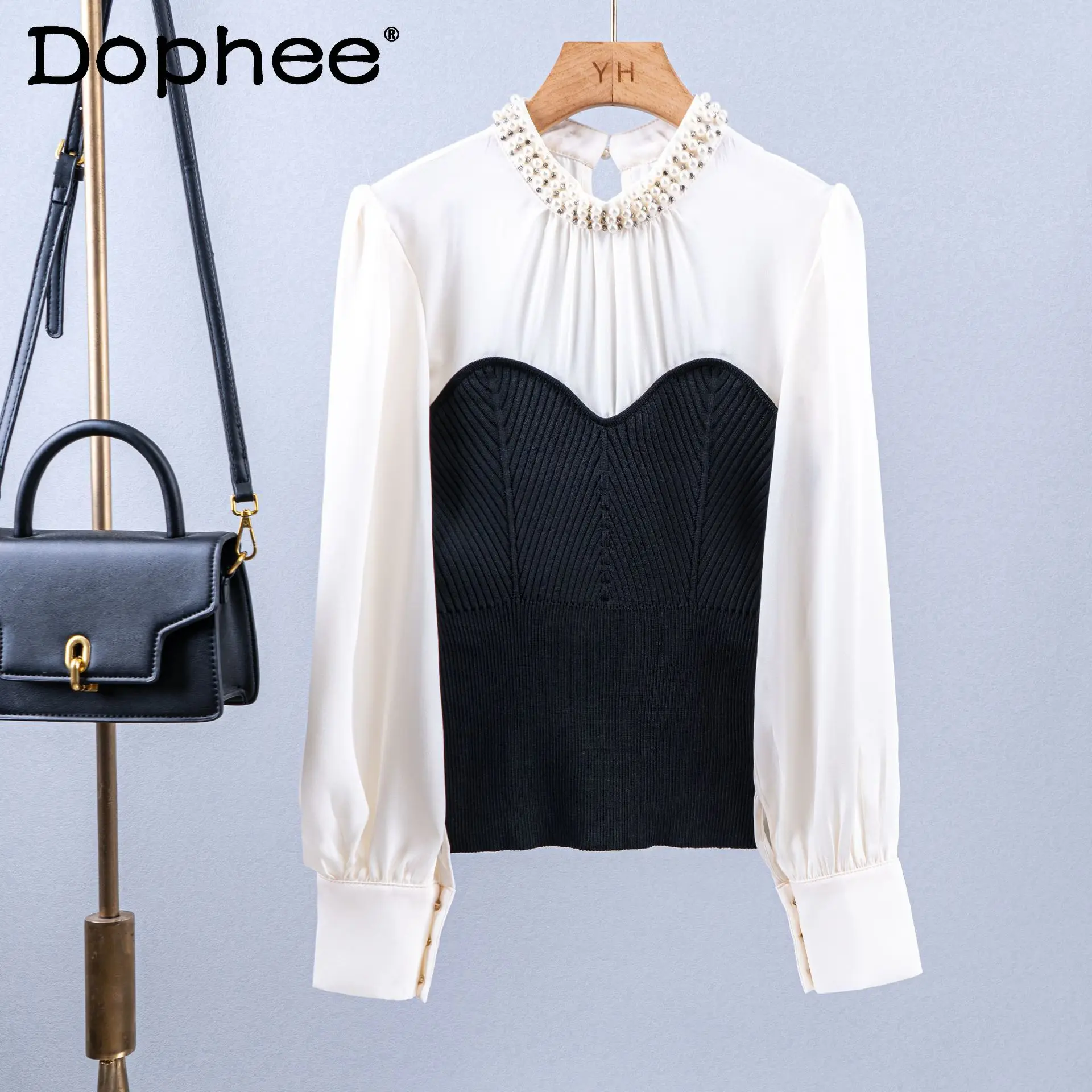 

2023 Spring and Autumn New High-End Satin round Neck Splicing Knitwear Temperament Socialite Women's Clothes Sweater