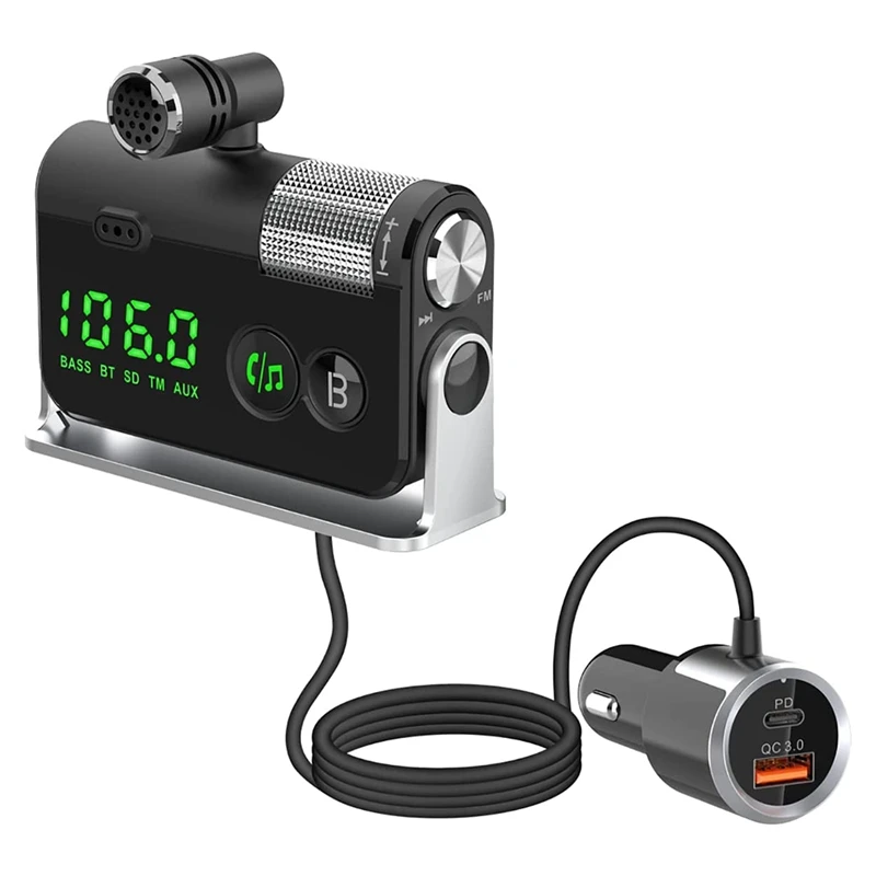 

Bluetooth 5.0 FM Transmitter For Car,Fast Charger With USB/PD Port,Stereo Music Player, Supporting TF Card AUX Input